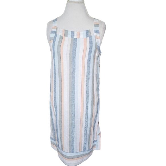Womens Size Small Striped Linen Blend Shift Dress Neutral Striped Summer Pockets - Picture 2 of 13